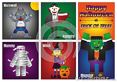 Happy Halloween with Colorful Halloween Characters Vector Illustration