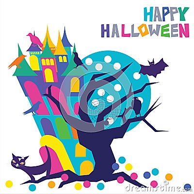 Happy Halloween colorful typography with a mysterious haunted stooping house with eerie windows and a spooky crooked tree Vector Illustration