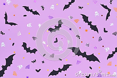 Halloween backdrop made of different bats on a purple background. Stock Photo