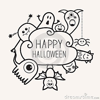 Happy Halloween countour outline doodle. Ghost, bat, pumpkin, spider, monster set. Cloud frme. White background Flat design Vector Illustration