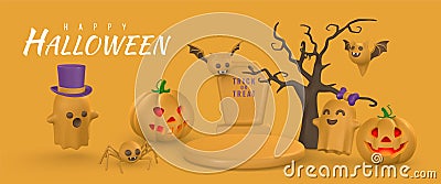 Happy Halloween creative banner. Cute cartoon 3d Halloween pumpkin, ghost, tombstone, bat and spider. Halloween concept. Vector Vector Illustration