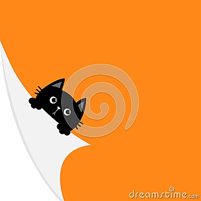 Happy Halloween. Curled paper corner. Black cat face holding fold page corners. Paw print. Cute cartoon kawaii funny baby animal Vector Illustration