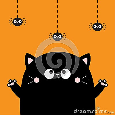 Happy Halloween. Cute cat face looking at hanging spider. Boo. Cartoon character. Kawaii baby animal. Notebook cover, tshirt, Vector Illustration