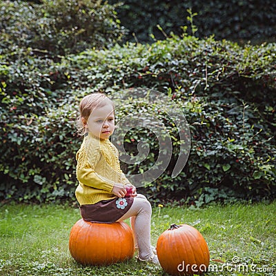 Happy Halloween. Cute little girl is sitting on a pumpkin and holding an apple in her hand Stock Photo