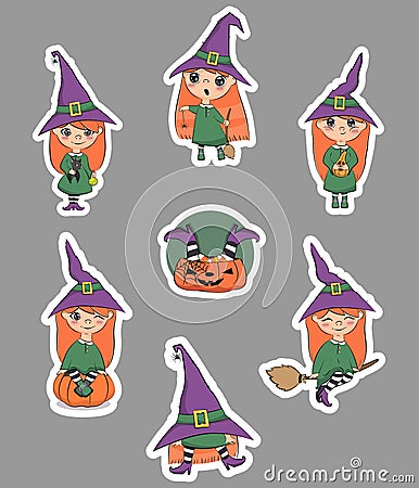 Happy halloween. Cute little witch stickers pack. Vector illustration. Vector Illustration