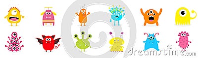 Happy Halloween. Cute monster icon set. Cartoon colorful scary funny character. Eyes, tongue, hands up. Funny baby collection. Whi Vector Illustration