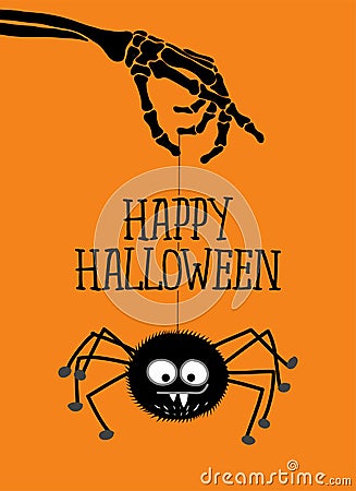 Happy Halloween - cute spider hanging on skeleton arm. Retro badge. Vector Illustration