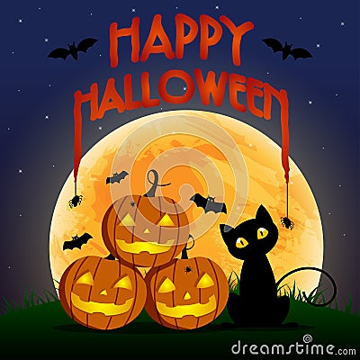 Happy Halloween Day , Bat and spider on text , Cute pumpkin smile spooky scary but cute and black cat party under moon , Cartoon Illustration