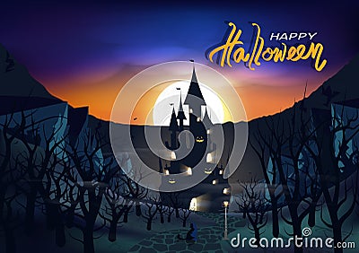 Happy halloween day poster, card, invitation, ghost castle in the dark forest, wasteland fantasy, cat on the road under lamp light Vector Illustration