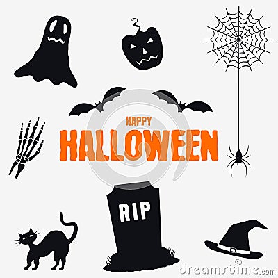 Happy Halloween - decorations elements set. Collection of Halloween silhouettes icons. Vector. Vector Illustration