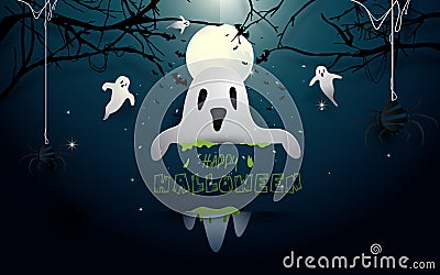 Happy halloween design illustration. White ghosts and bats flying on full moon background Vector Illustration