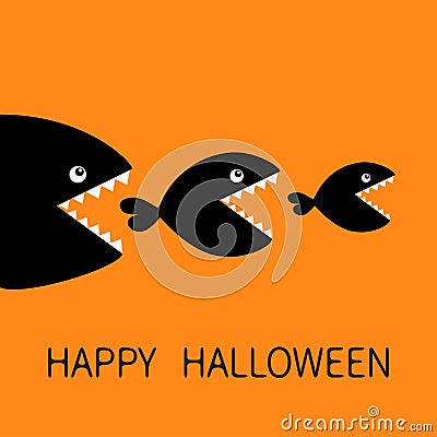 Happy Halloween. Fish monster eating each other. Three fishes. Food chain. Black color silhouette. Cute cartoon Vector Illustration