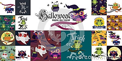 Happy Halloween flat colorful set vector illustration. Collection of mystery owls dressed in costumes of witch dracula Vector Illustration