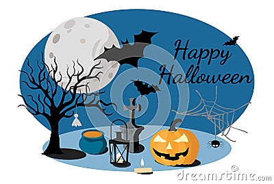 Happy halloween flat design with pumpkin, ghosts,bats and tree on the full moon Stock Photo