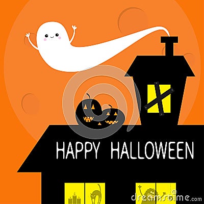 Happy Halloween. Flying bat. Haunted house roof attic loft. Light on boarded-up windows. Cat arch back. Monster spider Pumpkin Can Vector Illustration