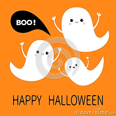 Happy Halloween. Flying ghost spirit set. Three scary white ghosts. Boo Cute cartoon spooky character. Smiling Sad face, frighteni Vector Illustration