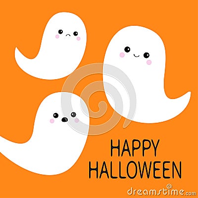 Happy Halloween. Flying ghost spirit set. Three scary white ghosts. Cute cartoon spooky character. Smiling Sad face. Orange backgr Vector Illustration