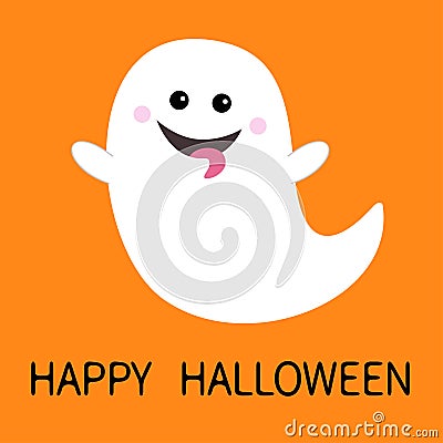 Happy Halloween. Flying ghost spirit showing tongue. Boo. Scary white ghosts. Cute cartoon spooky character. Smiling face, hands. Vector Illustration