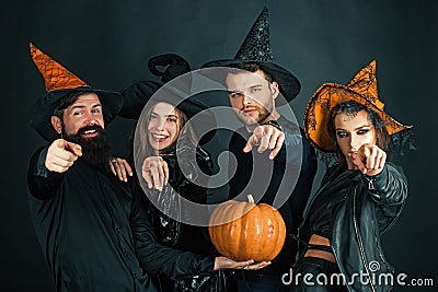 Happy Halloween. Happy friends celebrating Halloween. Close up Halloween portrait of funny group. Surprised group of Stock Photo