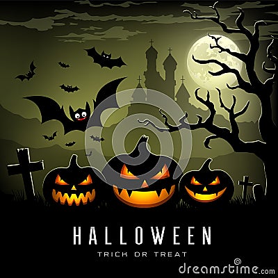 Happy Halloween full moon three pumpkins, bat, tree, castle and full moon Vector Illustration