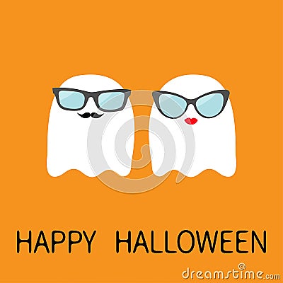 Happy Halloween. Ghost spirit family couple with lips, mustaches and eyeglasses. Scary white ghosts. Cute cartoon character. Smili Vector Illustration