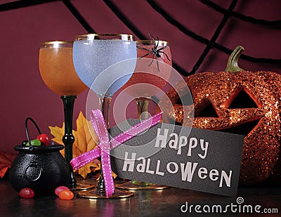 Happy Halloween ghoulish party cocktail drinks with greeting text Stock Photo