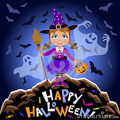 Happy Halloween. Girl in halloween costume and scary ghosts. Vector Illustration