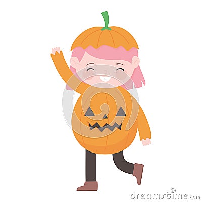 Happy halloween, girl pumpkin costume cartoon character isolated design icon Vector Illustration