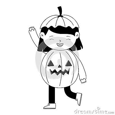 Happy halloween, girl pumpkin costume cartoon character isolated design icon line style Vector Illustration