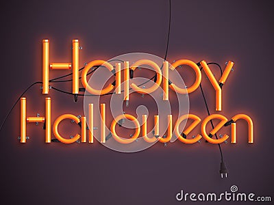Happy halloween glowing neon text 3d illustration Cartoon Illustration
