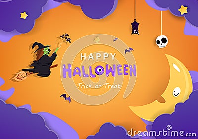 Happy Halloween good night, witch cartoon, bedtime dreaming concept greeting card, invitation poster vector background Vector Illustration