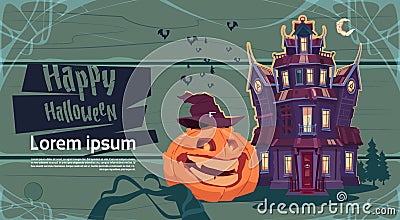Happy Halloween Gothic Castle With Ghosts And Pumpkin Holiday Greeting Card Concept Vector Illustration