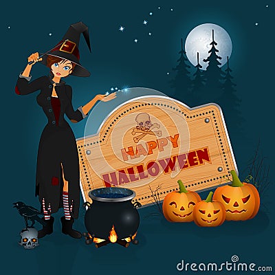 Happy Halloween, graphic background with cartoon witch casts spells in front of magic cauldron Vector Illustration