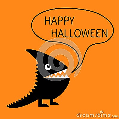 Happy Halloween greeting card. Black silhouette monster with sharp tail, horn, fang tooth, eye. Talking thinking bubble Vector Illustration