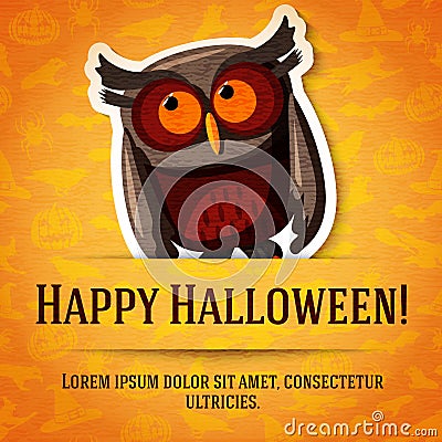 Happy halloween greeting card with brown owl Vector Illustration