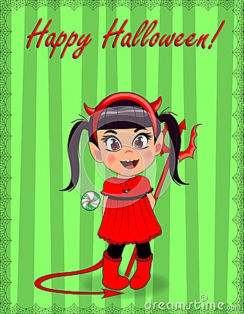 Happy Halloween greeting card of little cute naughty baby girl in red devil costume Vector Illustration