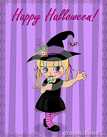 Happy Halloween greeting card of little cute naughty baby girl in witch dress Vector Illustration