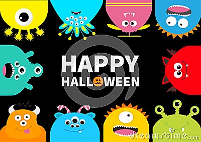 Happy Halloween greeting card. Monster frame. Orange pumpkin. Vector Illustration