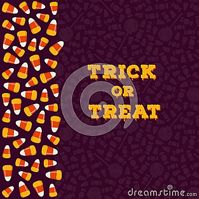 Happy Halloween greeting card, poster. Trick or treat concept background. Traditional holiday sweets, candy corns Vector Illustration