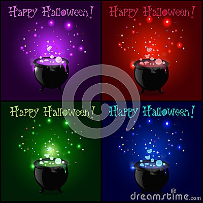 Happy Halloween greeting card set. Witch cauldron with boiling sparkling potion Vector Illustration