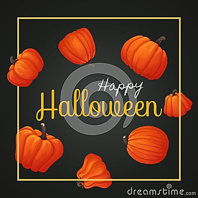 Happy halloween greeting card. Yellow square frame with orange pumpkins. Vector Illustration