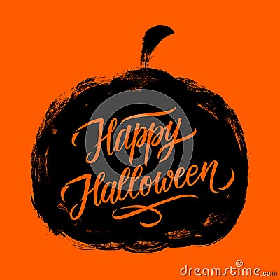 Happy Halloween hand lettering greetings with brush stroke black pumpkin. Halloween holiday greeting card. Vector Illustration