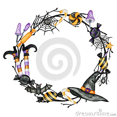 Happy Halloween holiday party Frame with wich hat, bat, spider, candy sweets party decorations. Watercolor Cartoon Cartoon Illustration