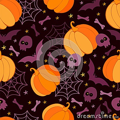 Happy Halloween holiday seamless pattern. Holiday background with scary pumpkins, bat, skull, bones, spider webs and skeleton. Cartoon Illustration