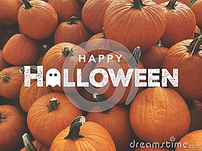 Happy Halloween Holiday Text Graphic Design Illustration Over Orange Fall Pumpkins Harvest Background Stock Photo