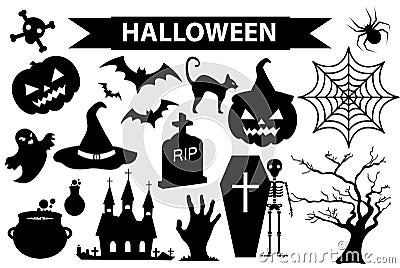 Happy Halloween icons set, black silhouette style. Isolated on white background. Halloween collection of design elements Vector Illustration