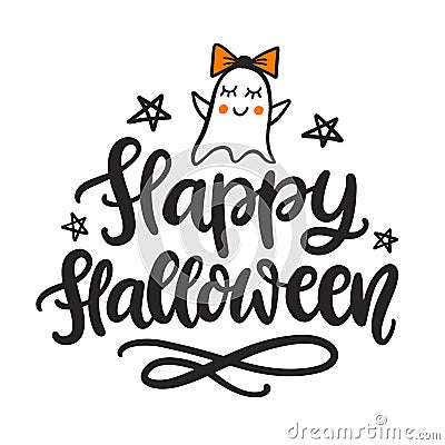 Happy Halloween Inscription Quote with Ghost doodle Vector Illustration