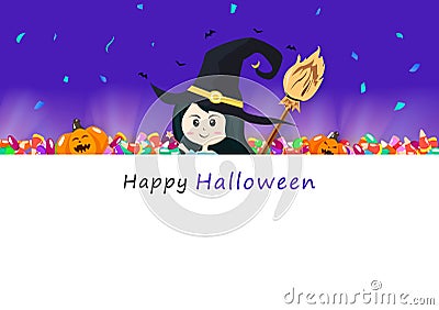 Happy Halloween invitation card, candy, broom, light shine with cute girl witch and pumpkin, celebration holiday season, party Vector Illustration