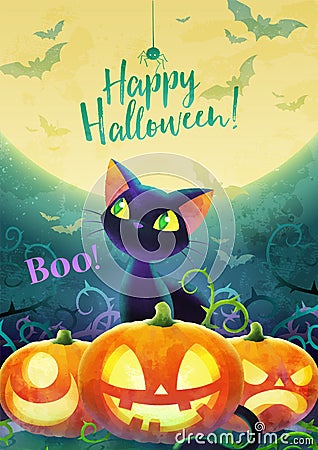 Happy halloween invitation concept. Cartoon black cat face pumpkin bat and spider on a moon and green background. Vector Illustration