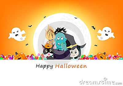 Happy Halloween invitation poster, pumpkin, black cat, candy, zombie monster, witch and spooky cute characters with full moon, Vector Illustration